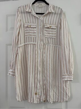 Passport Beige and White Striped Long Sleeve Shirt Dress